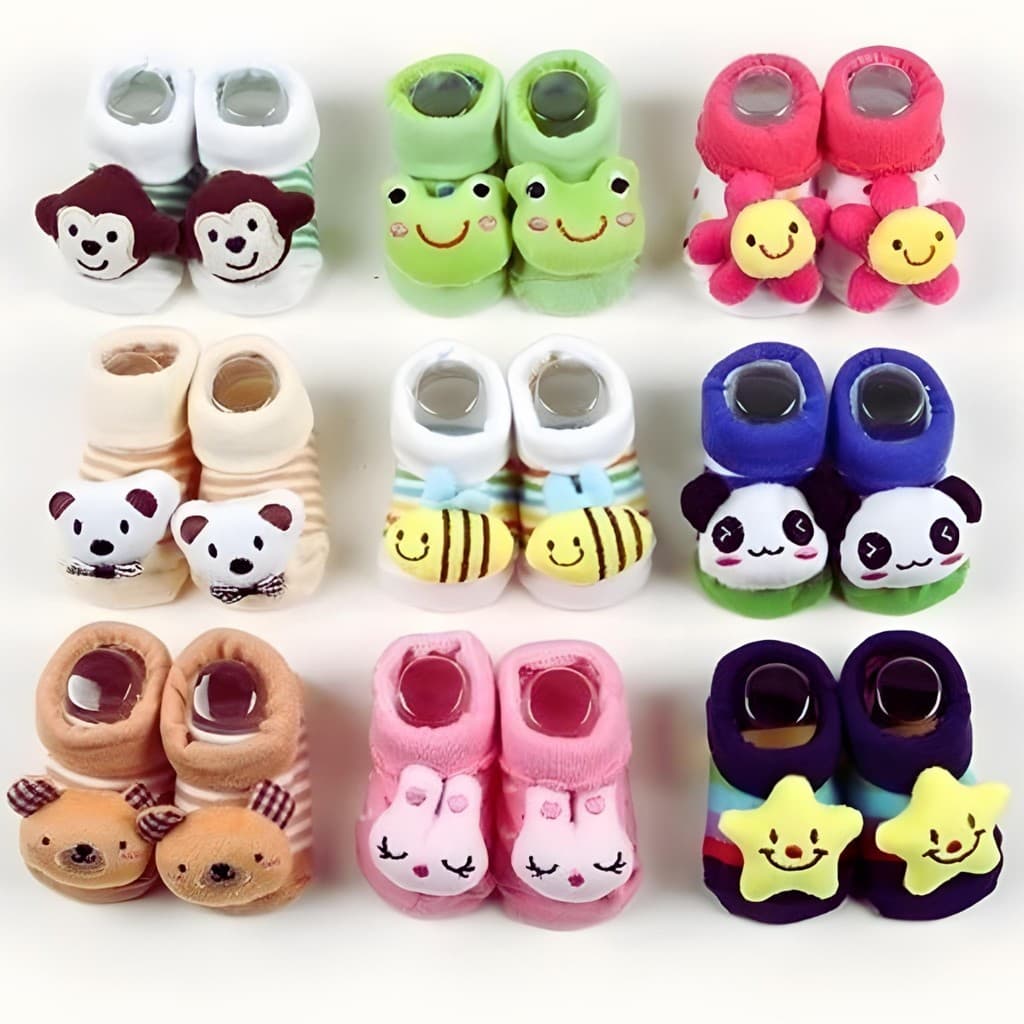 Kit com 10 Pares de Meia Bebê Infantil Menino e Menina com Bichinhos e Chocalho Sapatinhos