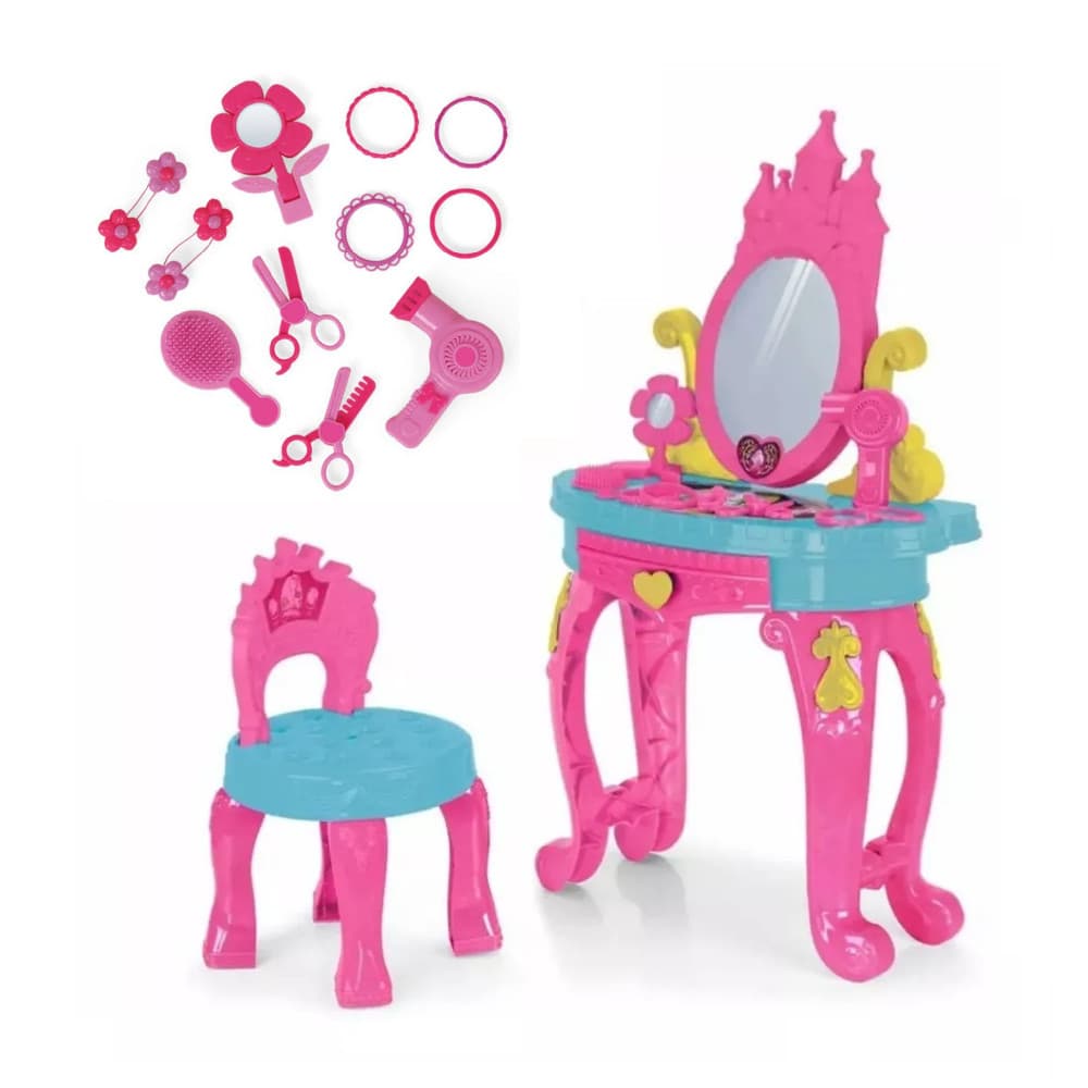 Penteadeira Princesa de Brinquedo Infantil com Banquinho e Acessórios Presente Meninas 3117 Homeplay