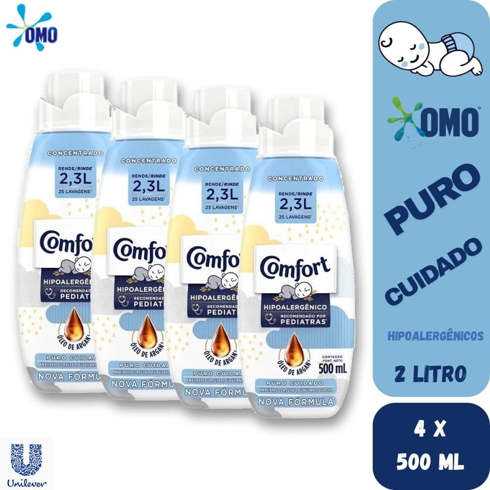 Kit 4 Amaciante Concentrado Comfort hipoalergênico Roupas Finas de Bebê Puro Cuidado 500ML