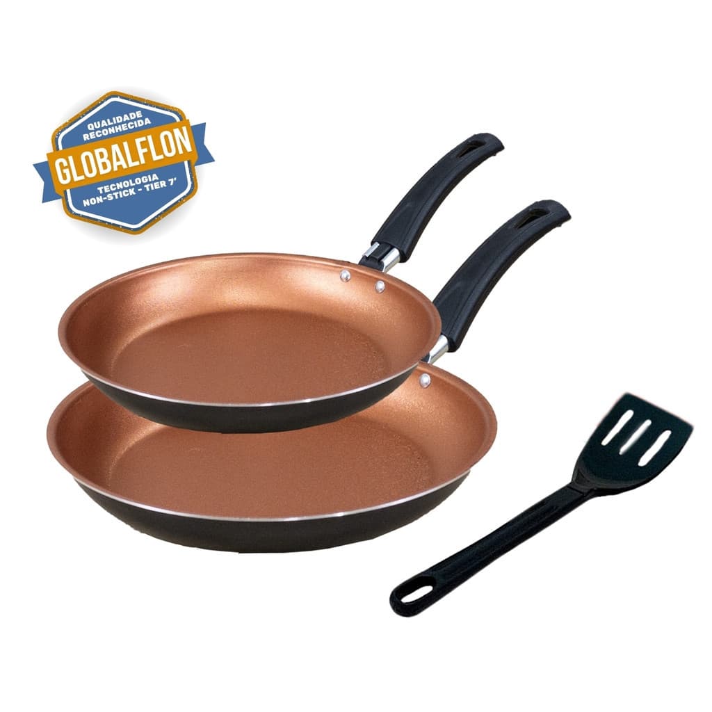 Conjunto Kit 2 Frigideiras Francesas Antiaderente Teflon + Espátula Nylon Grátis
