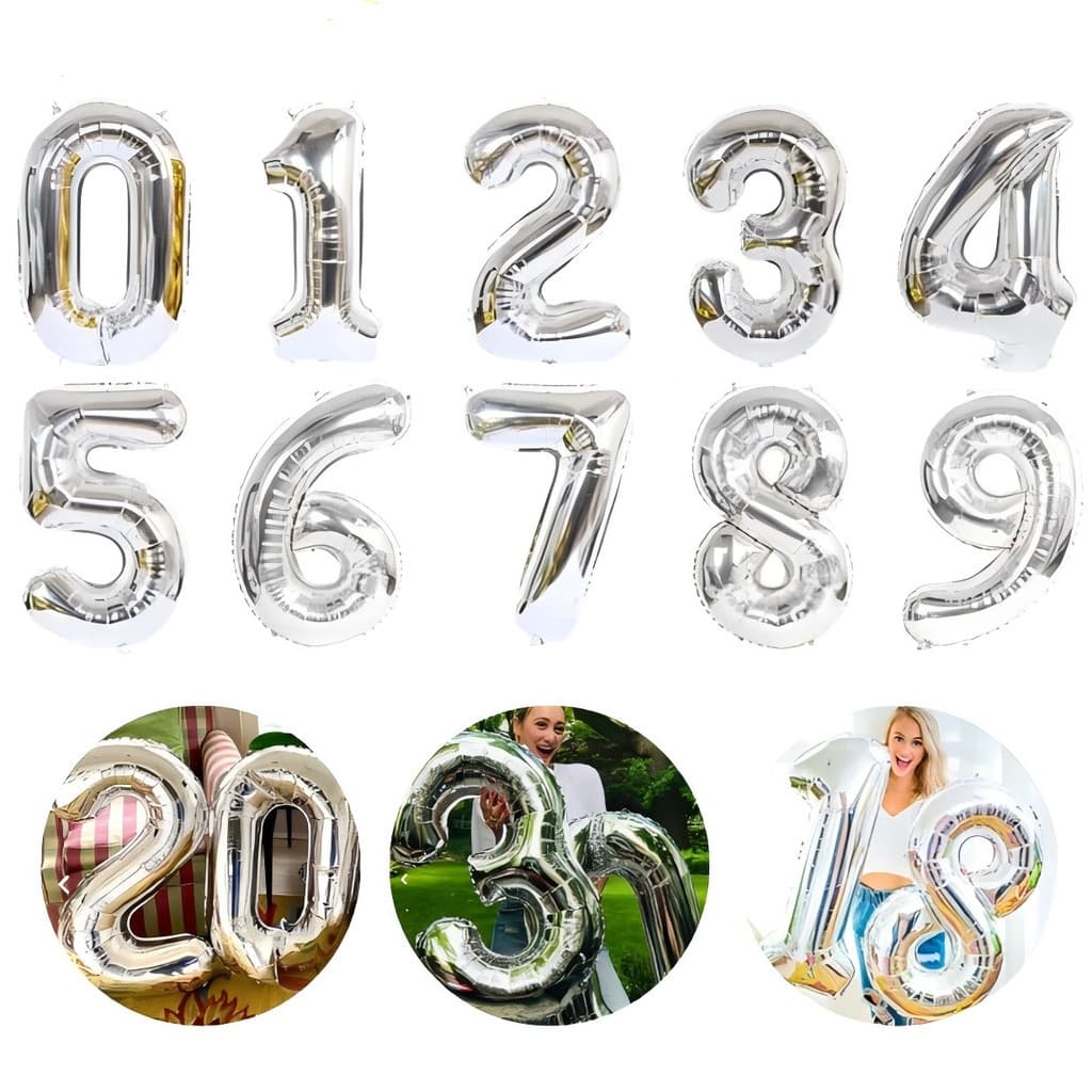 Kit  2 Balões Número  Metalizado Prata Decoração de Aniversário Festa Tamanho 80cm