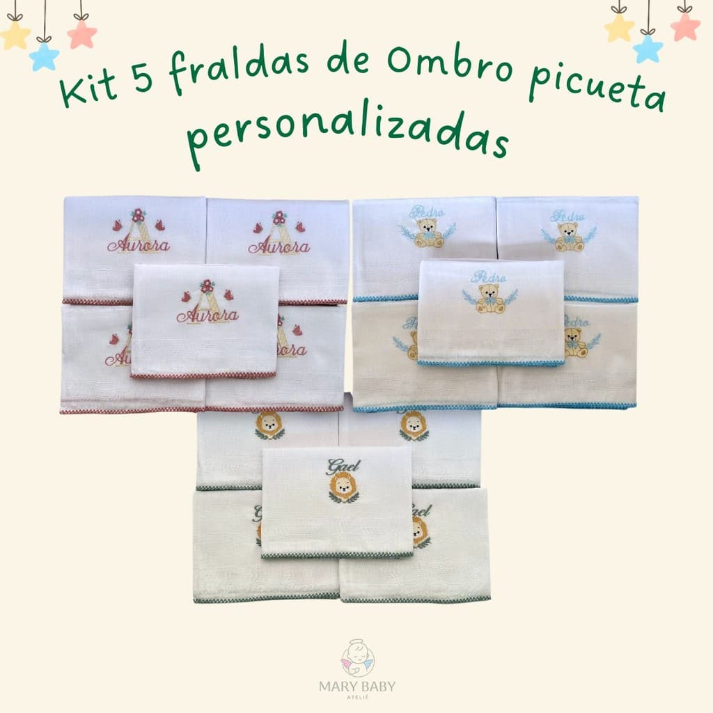 Kit 5 Fralda de Ombro Piquezinho Bordado Personalizado para Amamentação para Bebê Menino Menina