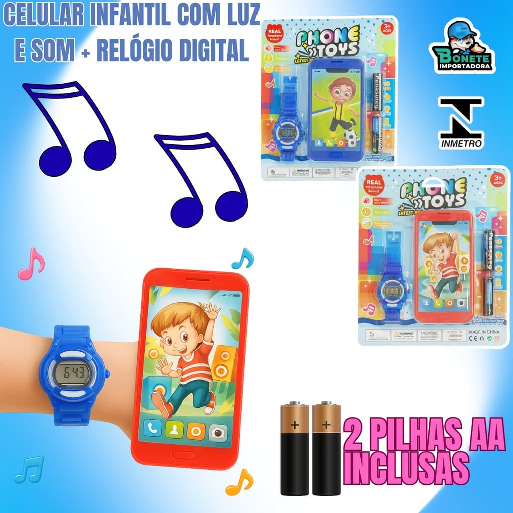 Kit Infantil Celular + Relógio Digital com Luz e Som – Educativo e Divertido