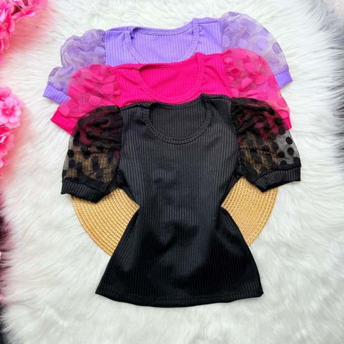 kit 2 Blusa infantil Manga Tule Princesa Bufante /Blusinha Tule Canelada Manga Curta