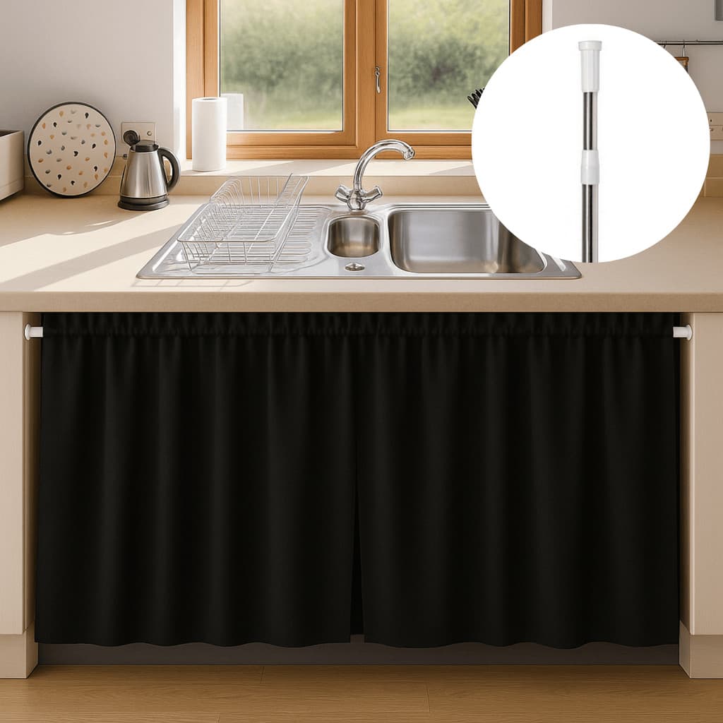 Kit Cortina Pia Cozinha + Varão extensível Impermeável PVC Blackout Pressão 70 a 1,20 m 1,10 a 2,00m