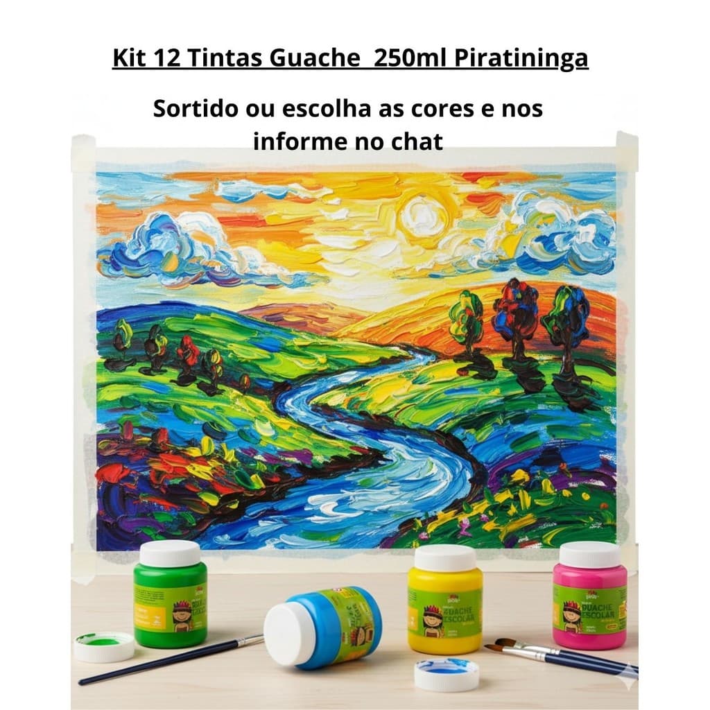 Kit 12 Tintas Guache Cores Variadas 250ml Piratininga