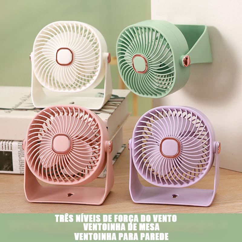 Mini Ventilador Portátil USB 3 Velocidades Silencioso Ventoinha de Mesa ou Parede Recarregável