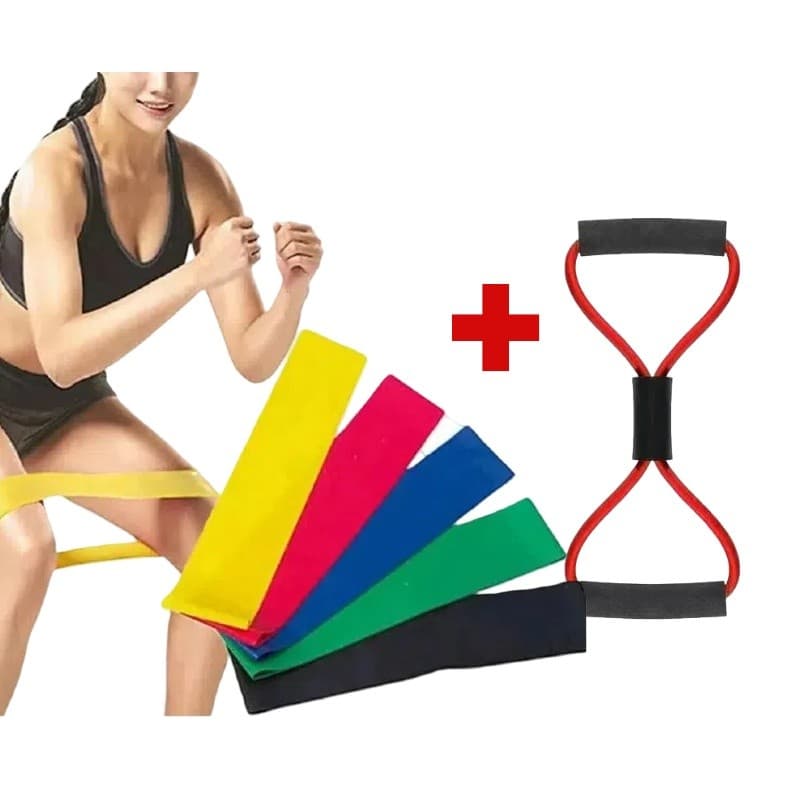Kit Mini Band 5 Faixas Elásticas +Elastico 8 para Treino de Tensão Muscular