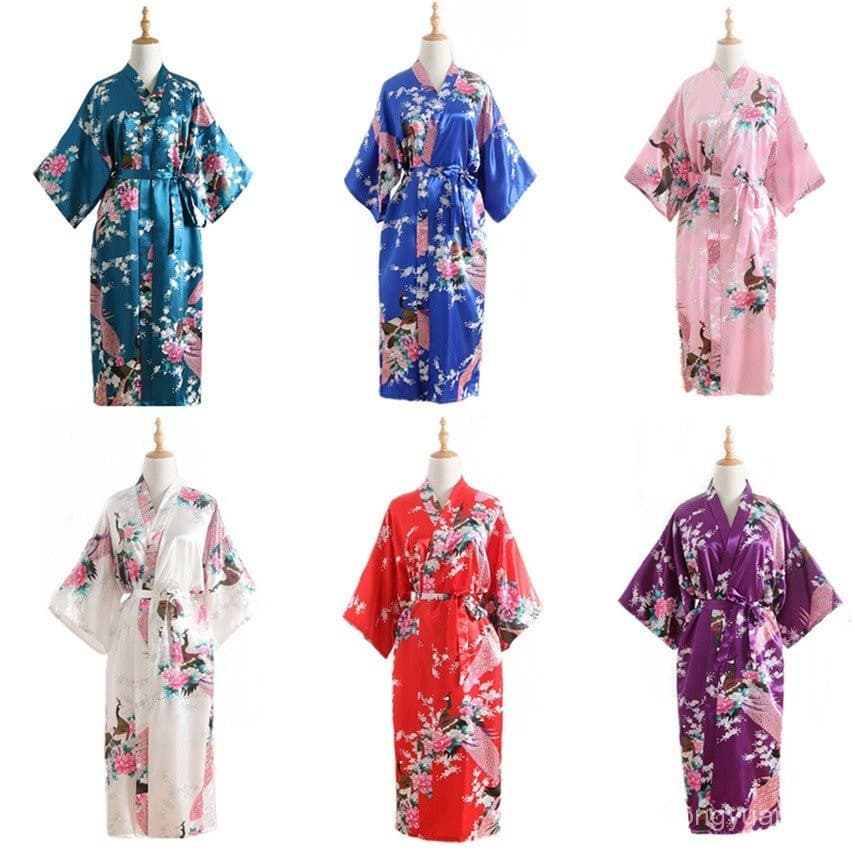 Quimono Feminino Estilo Japonês Em 15 Cores Yukata Pijamas Pavão Fino Longo Cetim