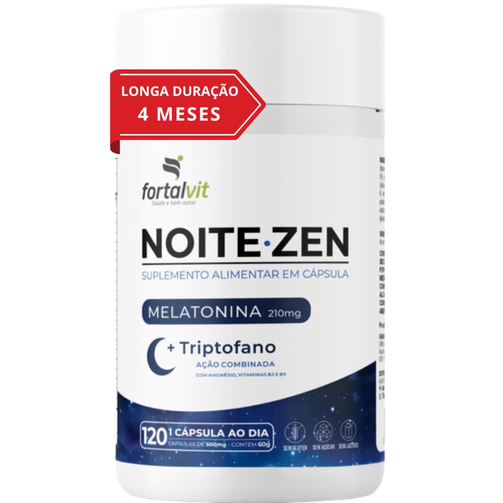 NOITE.ZEN - Melatonina 0,21 mg, L-Triptofano, Magnésio, Vitaminas B3 e B9, Longa Duração: 120 dias de uso, 120 cápsulas,