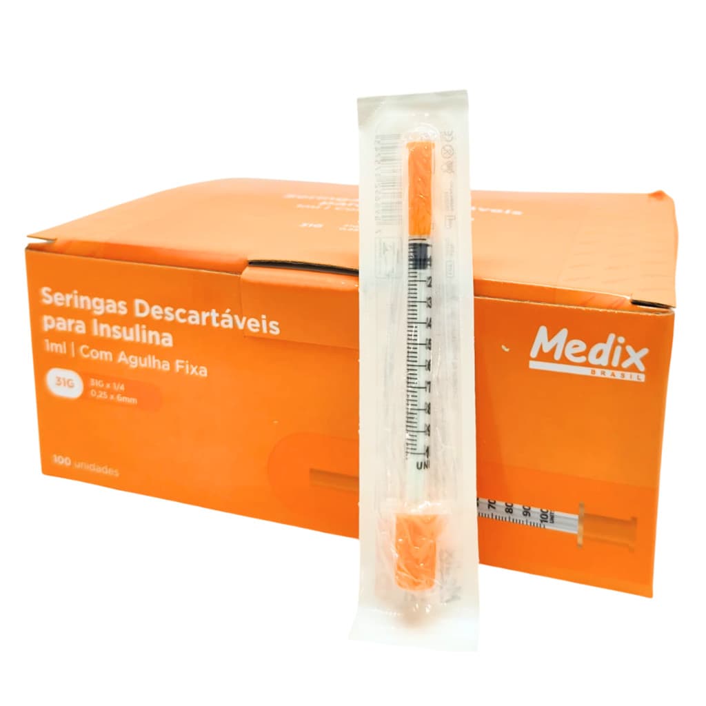 Seringa de Insulina 1ml C/ Agulha Fixa 6x0,25 - Cx c/ 100 un