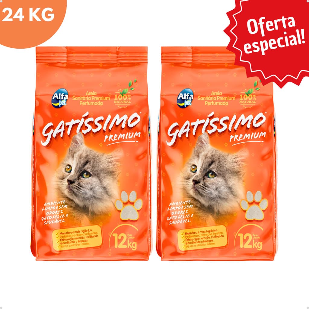 Kit 2 Areia Sanitária Higiênica Natural Argila Gatos Premium Gatissimo Perfumada Grãos Médios 12Kg