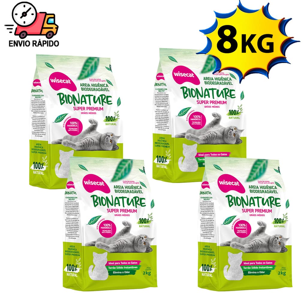 Kit 8Kg Areia Para Gato Natural 100% Mandioca Biodegradável Wise Cat 