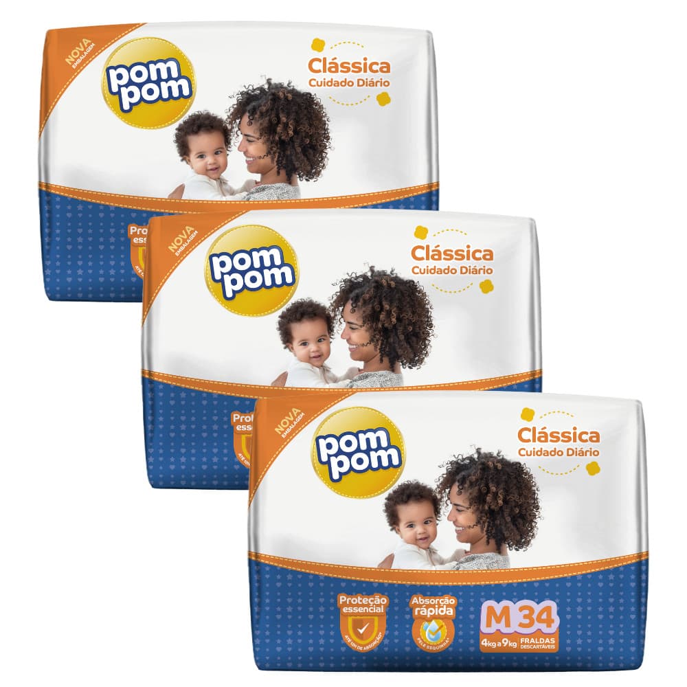 3 Pacotes PomPom Clássica M 34un Fralda Econômica - Toque Suave e Alta Absorção