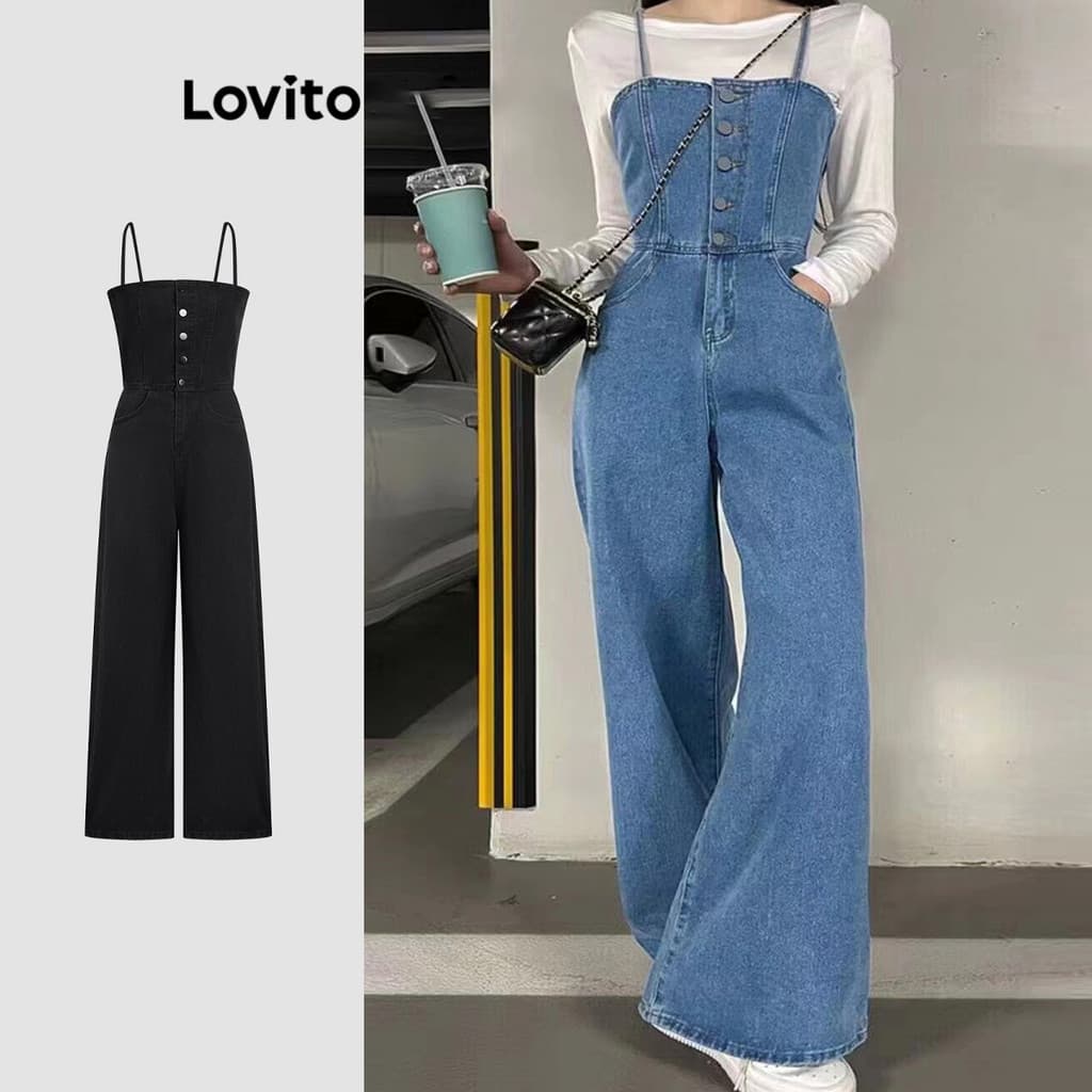 Lovito Casual Macacão Feminino Liso Lavado com Bolso e Botão Frontal LNE22047 (Multicolorido)