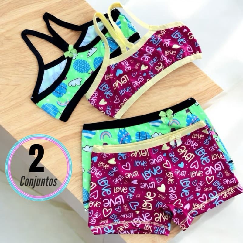 KIT 2 conjuntos menina moça infantil top sutiã e calcinha boxer microfibra