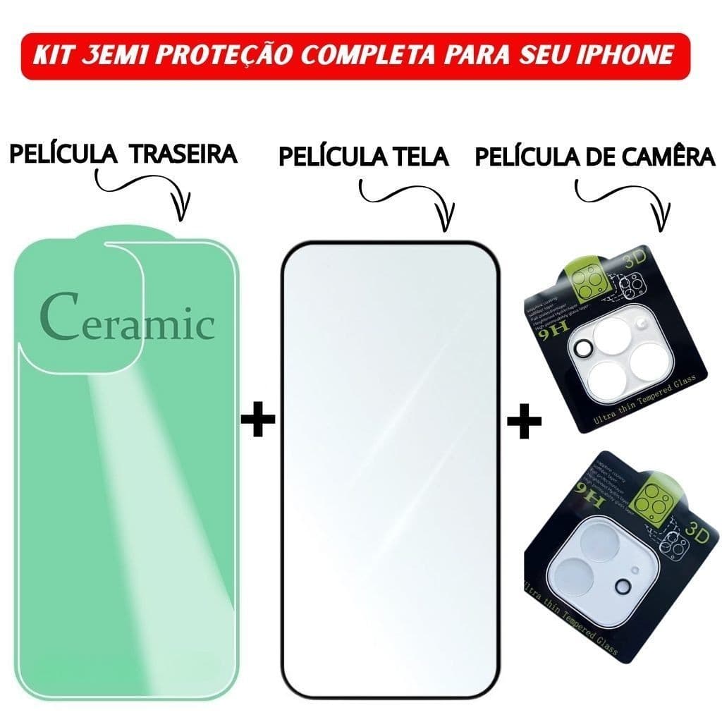 Kit 3em1 Película Traseira + Película Câmera Transparente + Película Vidro Temperado 3D iPhone 11 12 13 14 15 16 Pro Max