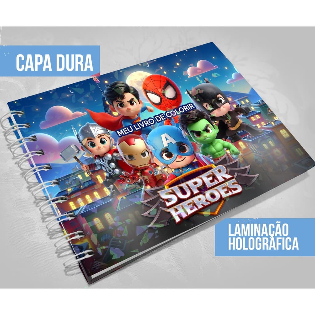 Livro de Colorir Super-Heróis Cute – 50 Folhas • Capa Holográfica Brilhante + CANETINHAS