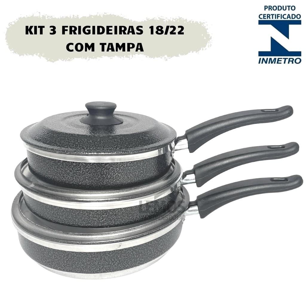 Conjunto Jogo De Frigideiras Com Tampa N 18 20 22 100% em Alumínio Conjunto 3 Peças