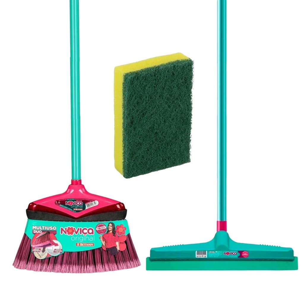 Kit Limpeza 1 Vassoura Duo Externa 1 Rodo 30cm 1 Esponja Noviça Com Cabo Eficiente