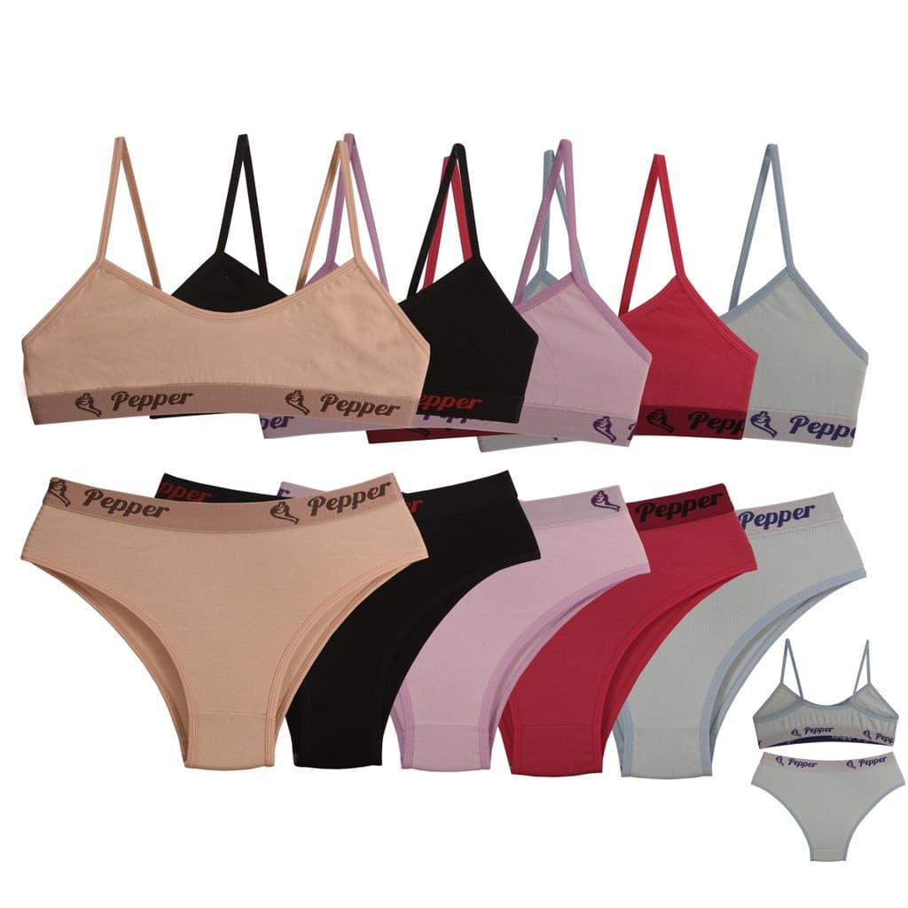 Kit 5 Conjuntos Calcinha E Sutiã Juvenil Algodão Cotton 8%