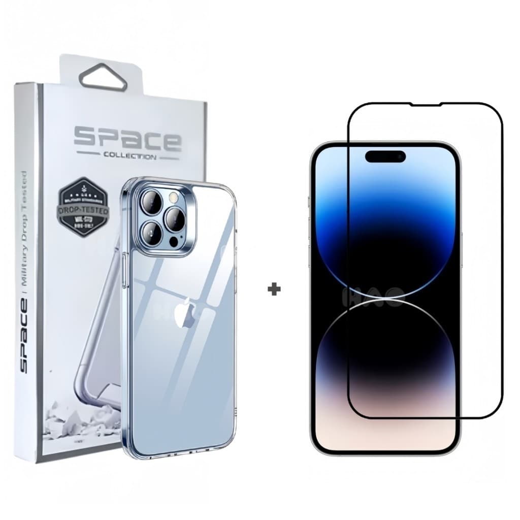 Kit 2 em 1 Película Vidro 3D + Capa Capinha Space Transparente Apple IPhone 7/8 Plus Xr 11 12 13 14 15 16 17 Pro Max Air