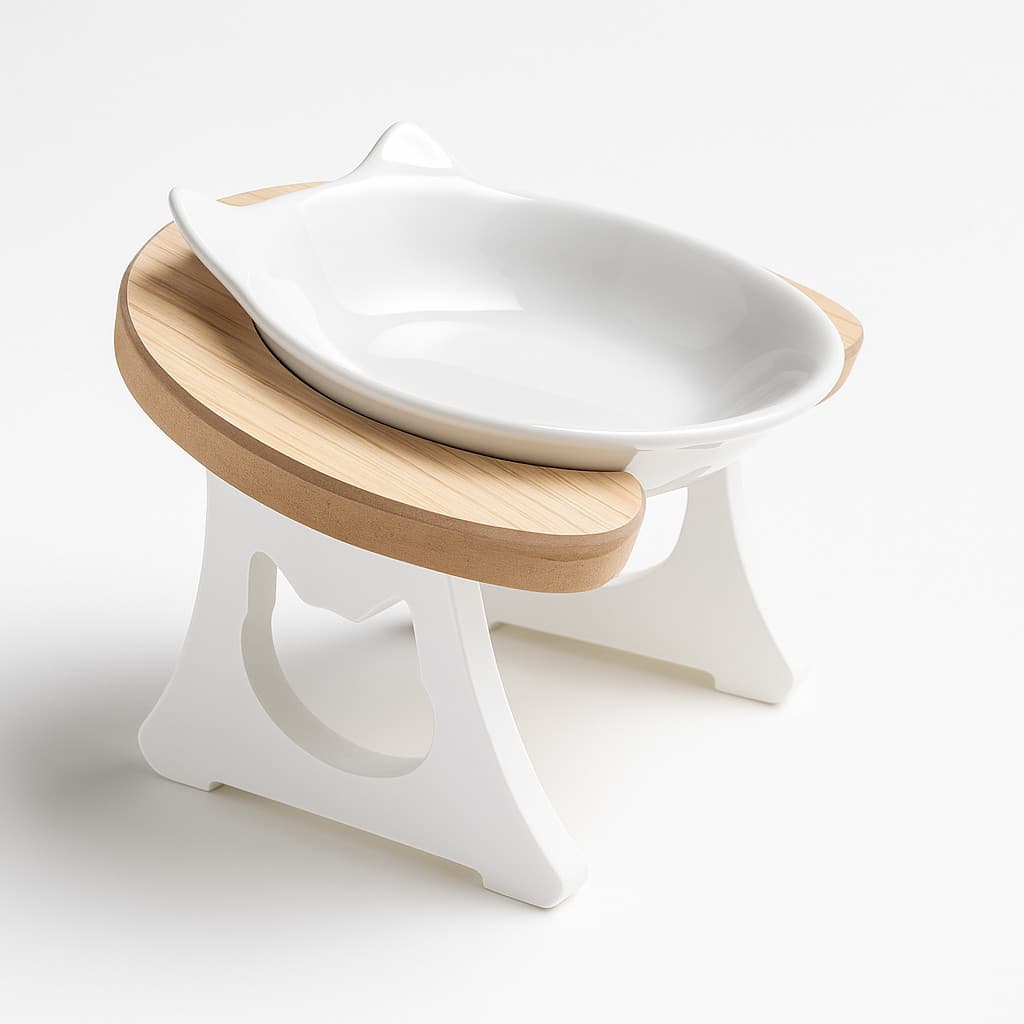 COMEDOURO ELEVADO  PARA GATOS COM TIGELA DE PORCELANA ERGONÔMICO