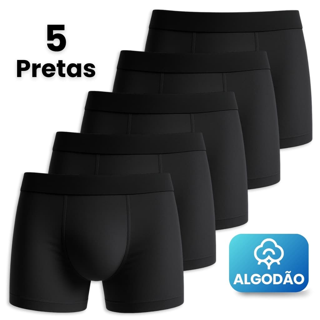 Kit 5 Cuecas Boxer Masculino Algodão Premium Pretas Confortáveis