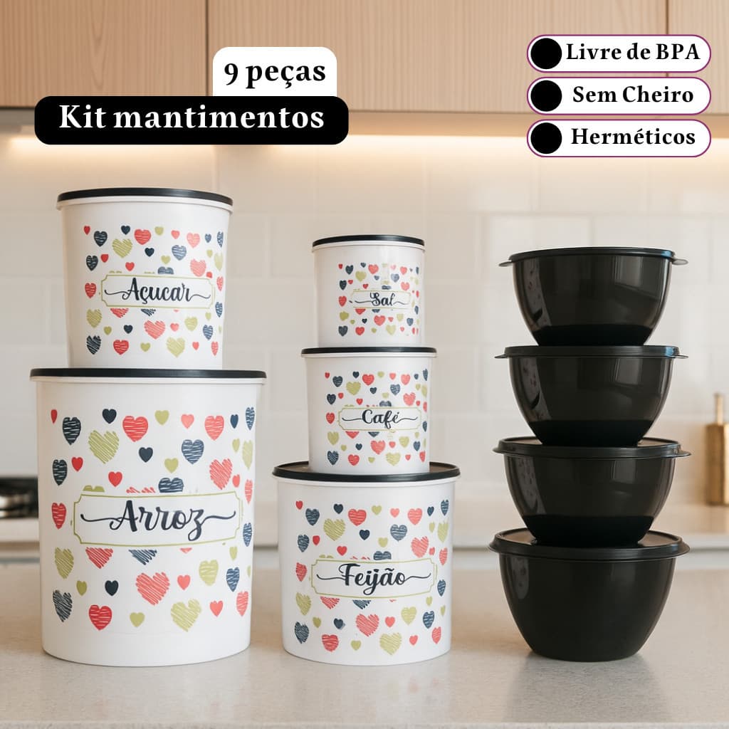 Kit de potes para mantimentos 5 peças + 4 potes redondos para cozinha
