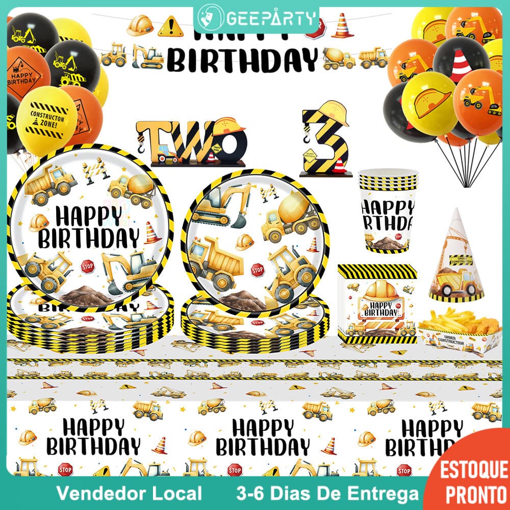 GeeParty Escavadeira Veículo Pratos De Papel Copos Conjunto De Louça Para Construção Decorações De Festa De Aniversário