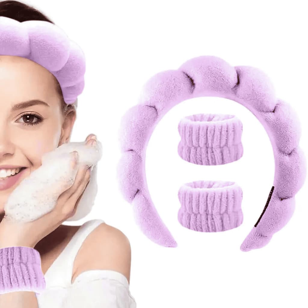 Kit Tiara Nuvem e Pulseira Atoalhada Skincare Maquiagem