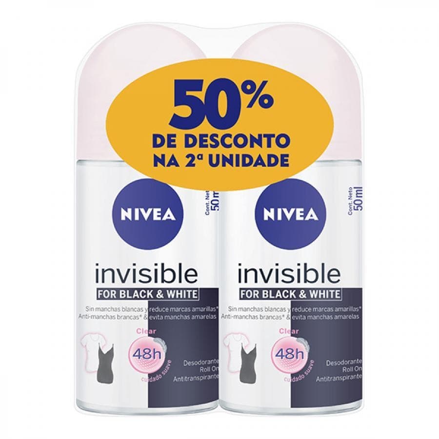 DESODORANTE NIVEA FEMININO ROLL ON BLACK E WHITE 2 UNIDADES DE 50ML