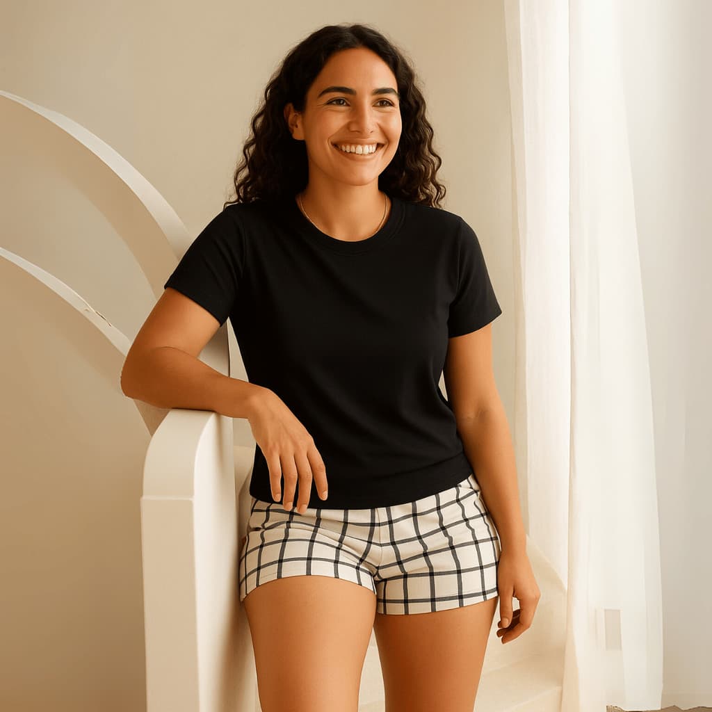 Pijama Feminino Curto Verão Linha Noite Liso Xadrez