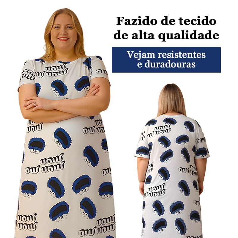 Vestido Feminino De Manga Curta Com Estampa De Desenho Animado Plus Size Fino Solto Roupa De Dormir