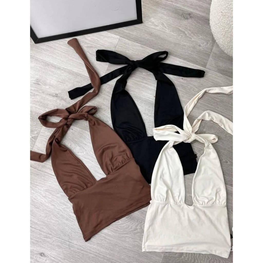 Kit 2 Top Cropped Amarraçao No Pescoço Frente Única Decote Moda Gringa Decotado Suplex Elegante