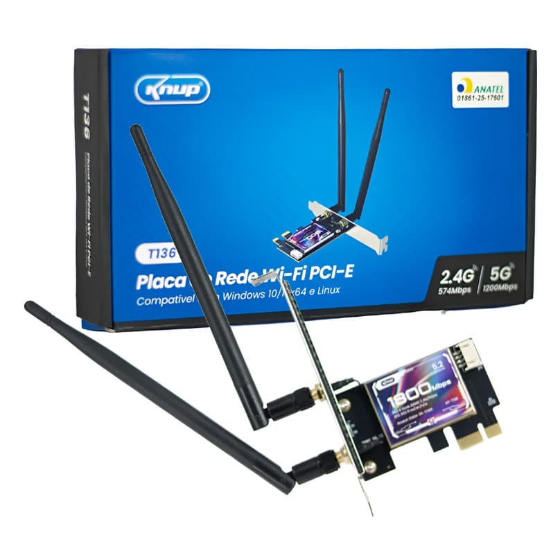 Placa Rede Wi-fi Dual Band 2.4/5.2G Bluetooth 5,2 PCI-E 1800Mbps, Compatível Desktop PC, Win e linux