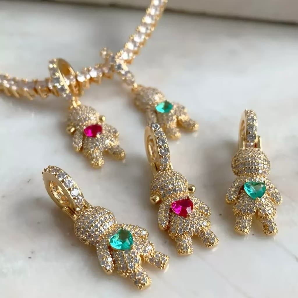 Colar Filhos Pingente Menino/Menina com Pedras Feminino  Ouro 18k