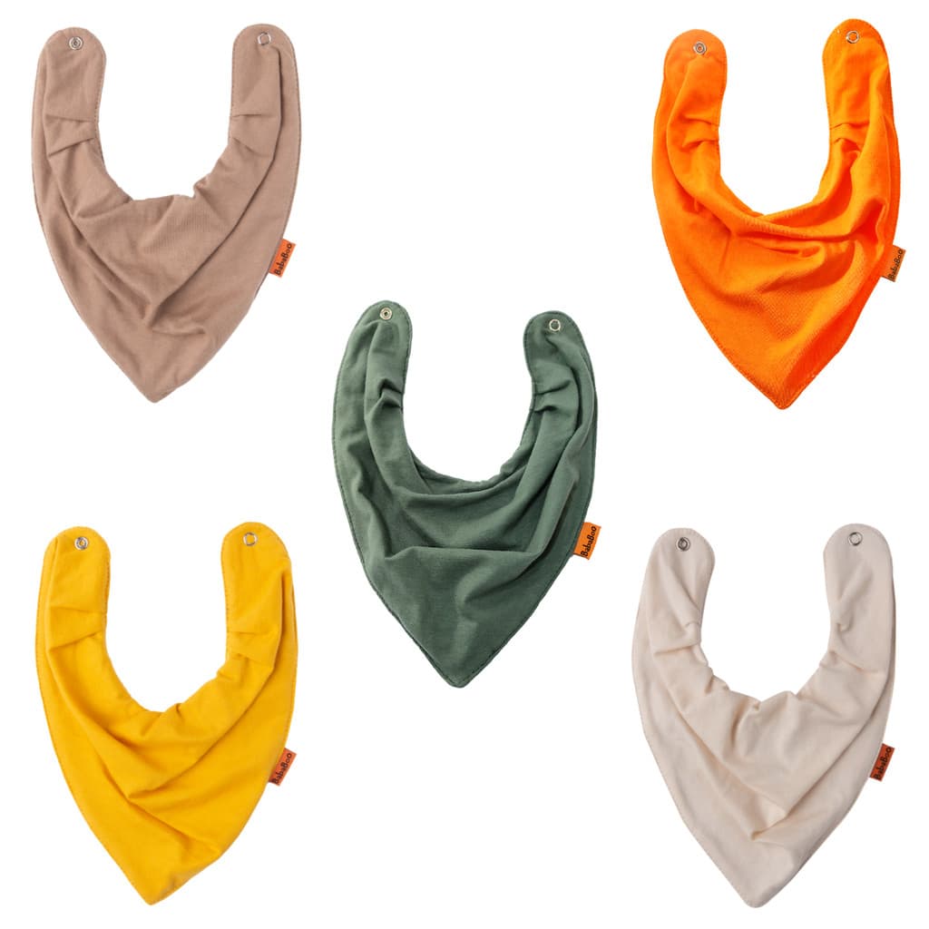 Kit 5 Babadores Bandana BabaBoo Laranja Verde Exército Mostarda Areia Aveia | Algodão Macio + Forro Impermeável