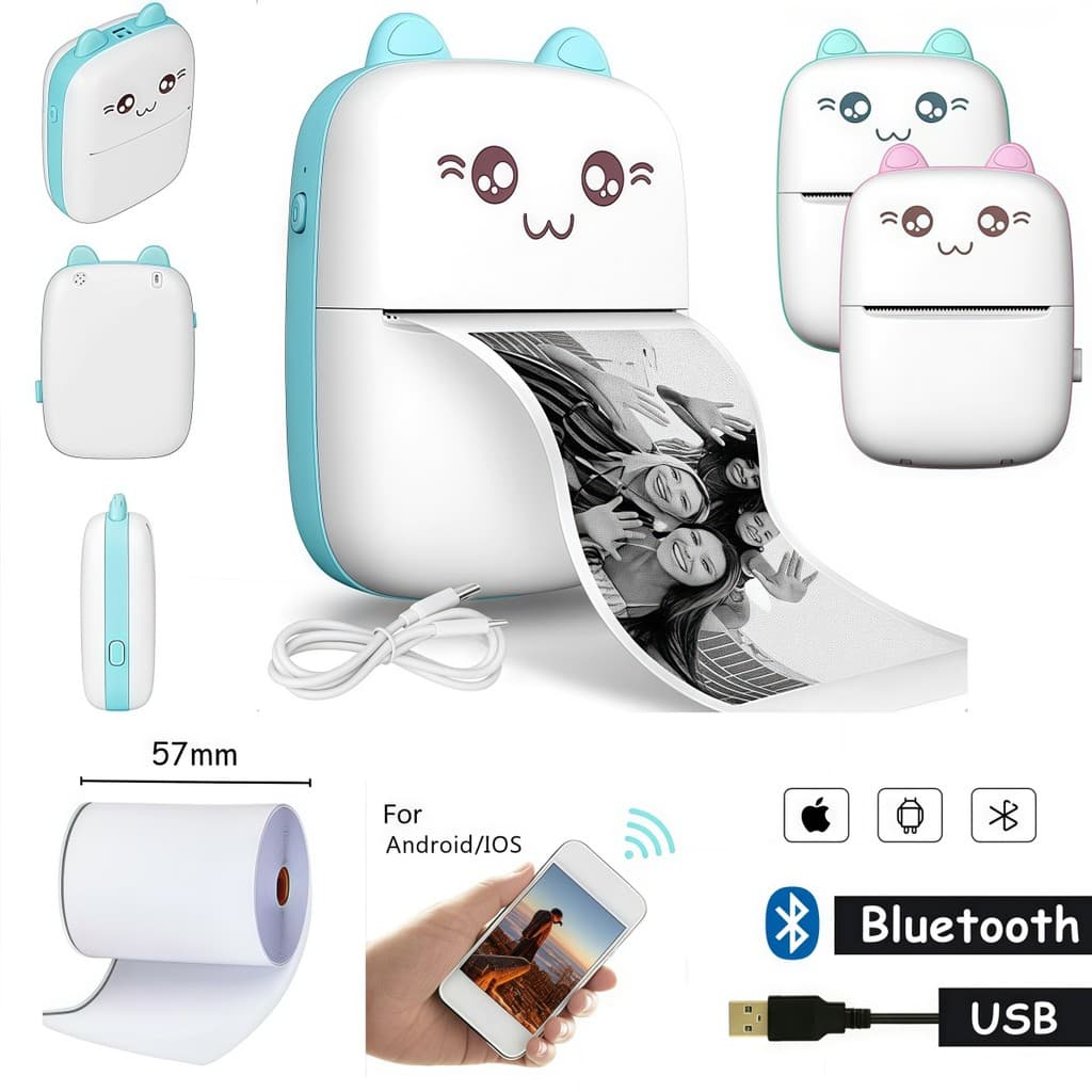 Mini Impressora Térmica Sem Fio Portátil Desenho Animado Foto e Nota Android/Ios