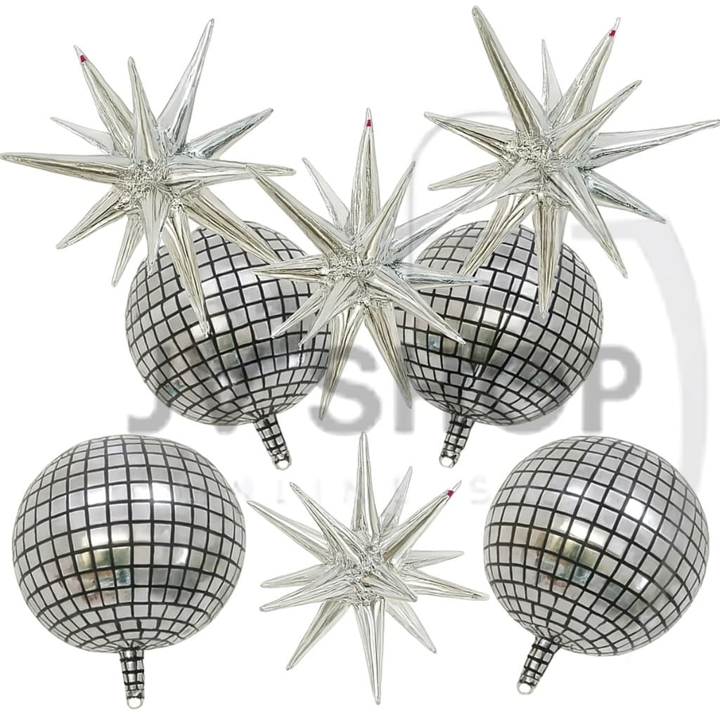 Kit c/ 4 Balão Globo Orbis Quadriculado Prateado 60cm + 4 Balão Estrela Sputnik Prata 55cm 14 Pontas