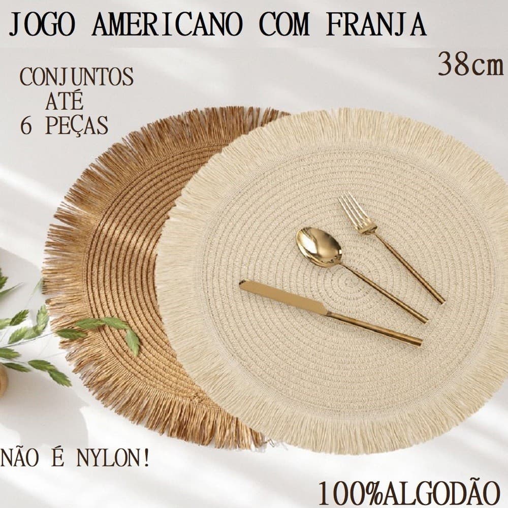 OFERTA Jogo Americano Descanso Redondo Com Franja Algodão 6 ou 4 Ou 2Uni 38cm De Mesa Decoração Cozinha