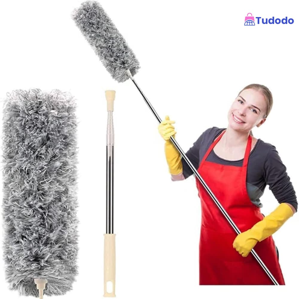 Vassoura de Pó com Cabo Longo e Ajustável 280cm – Ideal para Remover Teias de Aranha e Poeira no Alto