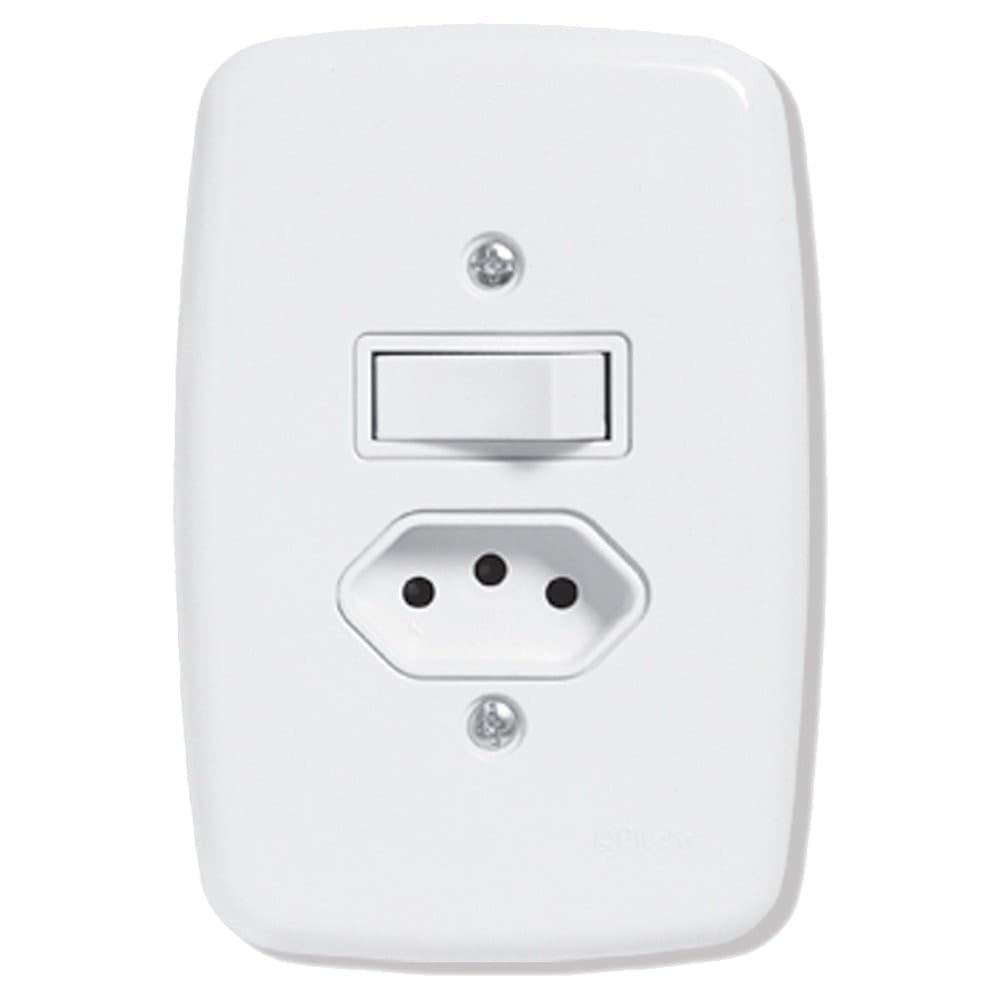 Interruptor Ideale Pluzie 1 Tecla Simples + 1 Tomada 2P+T - 10A com Placa 4X2 Branca