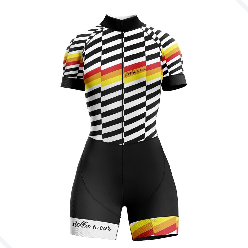 Macaquinho Ciclismo Feminino Profissional Gel Acolchoado UV Proteção MTB Speed Stella Zig Zag Branco