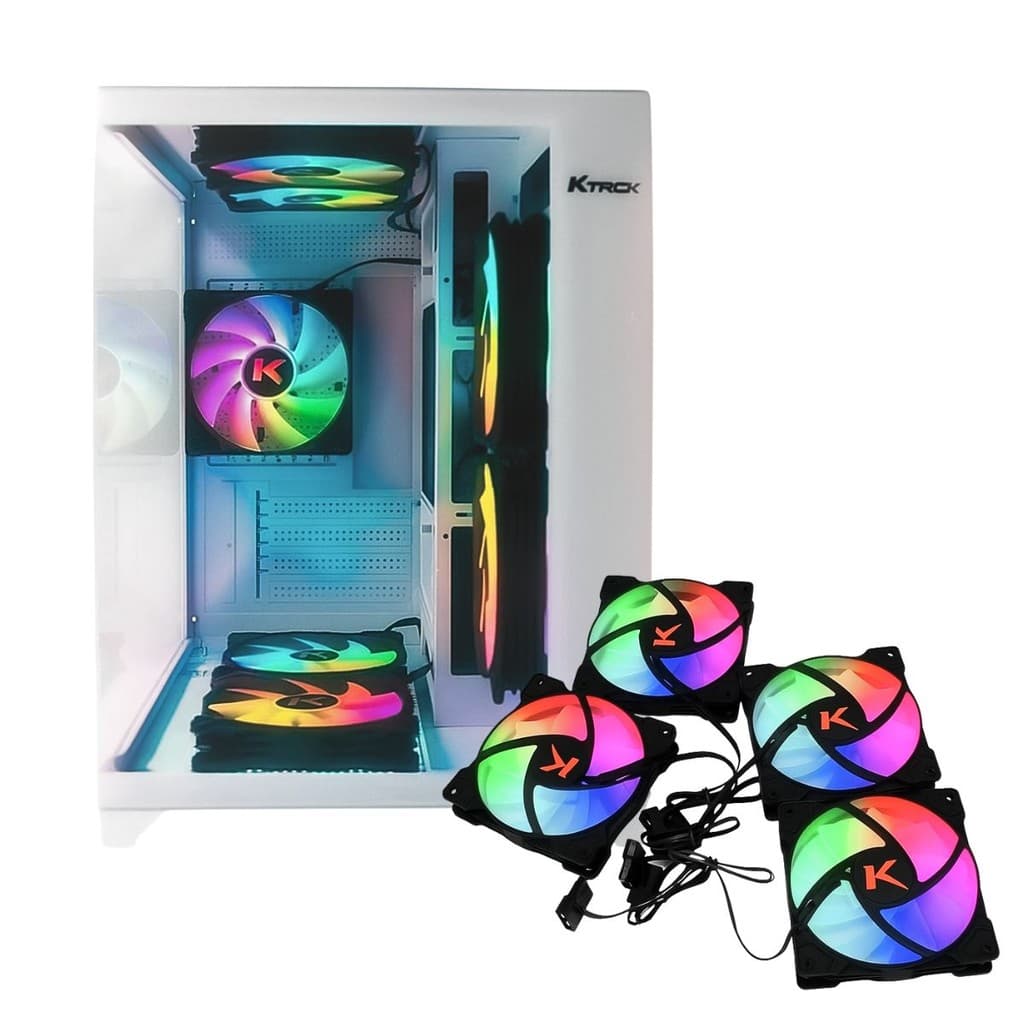 Gabinete Gamer Aquário Cubo Branco Lateral e Frente Vidro + Kit 4 Cooler Fans RGB Ktrok 120X120mm Silencioso 1200 RPM