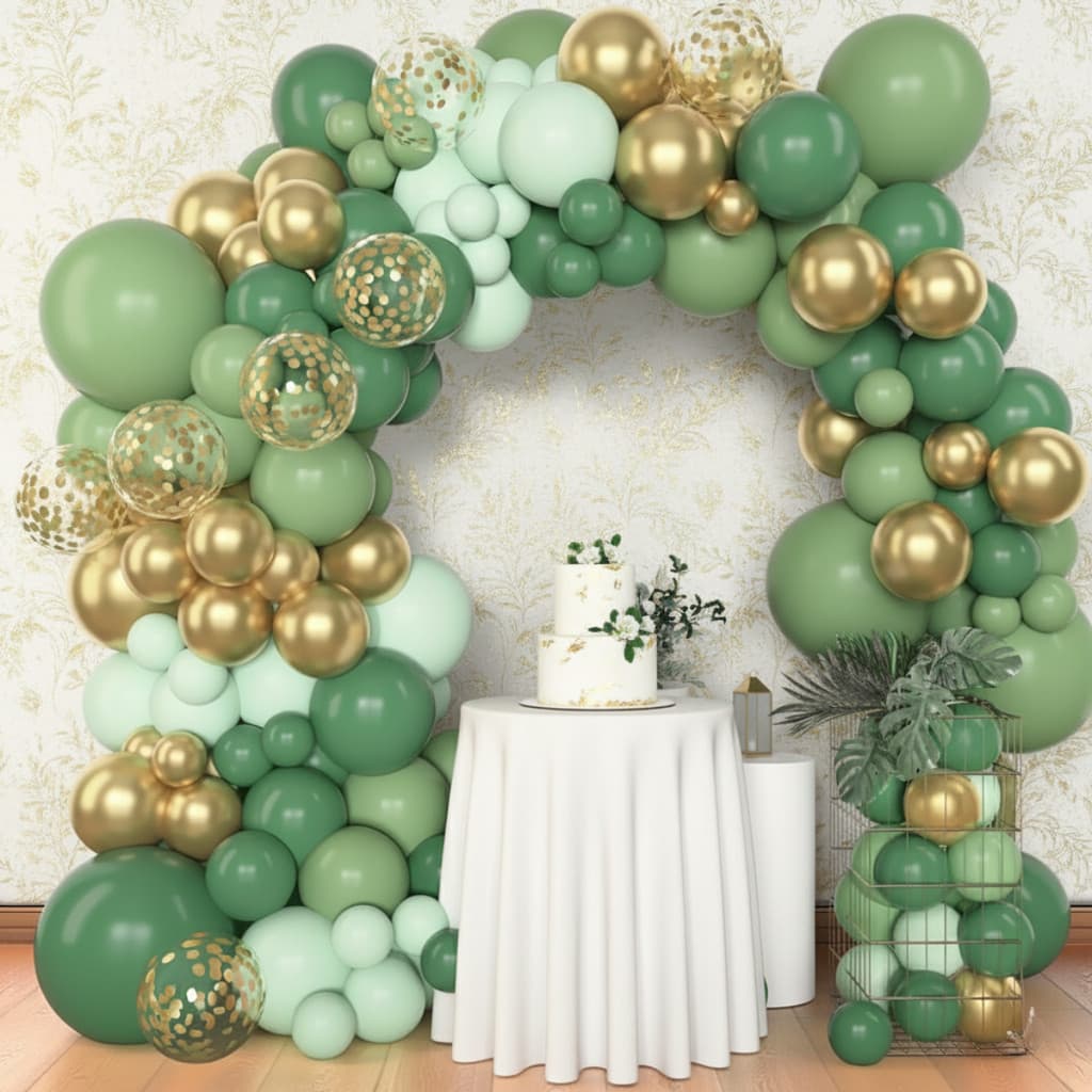 Kit 140 Balões Arco Desconstruído Verde Dourado Bexiga Cromado Decoração Festa Infantil Guirlanda