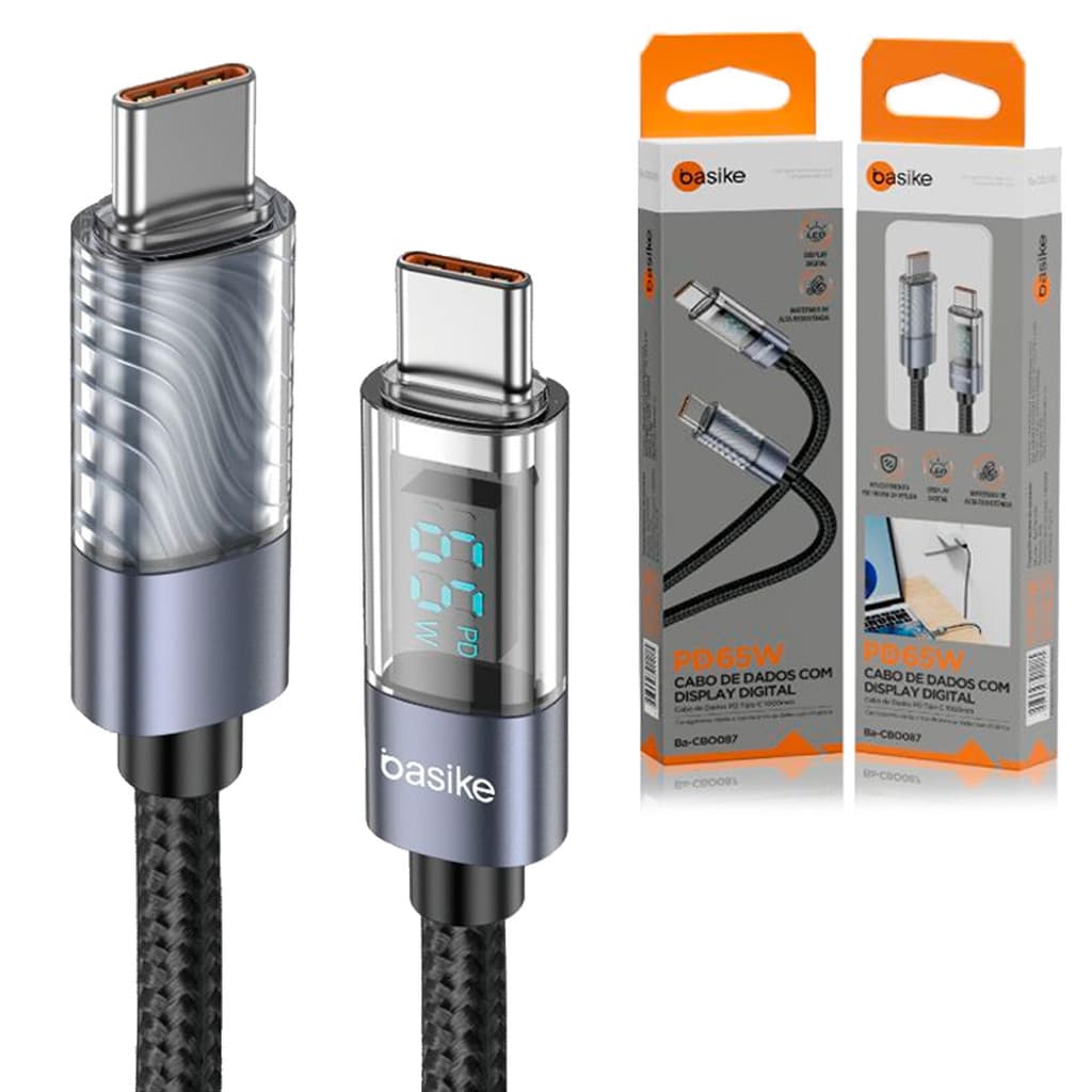 Cabo Tipo C Turbo 65W PD 1 Metro com Display Digital BASIKE - BA-CBO 087