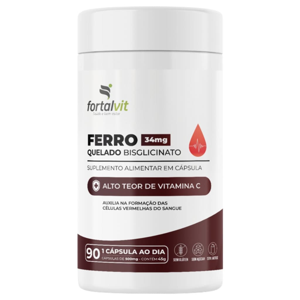 Ferro Quelado Bisglicinato 34mg, 90 Cápsulas, Alto Teor de Vitamina C, Fortalvit