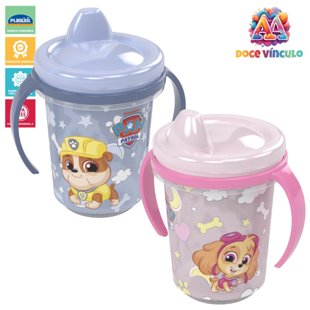 Caneca Copo Infantil Patrulha Canina Baby 330ml Alça Tampa Livre de BPA