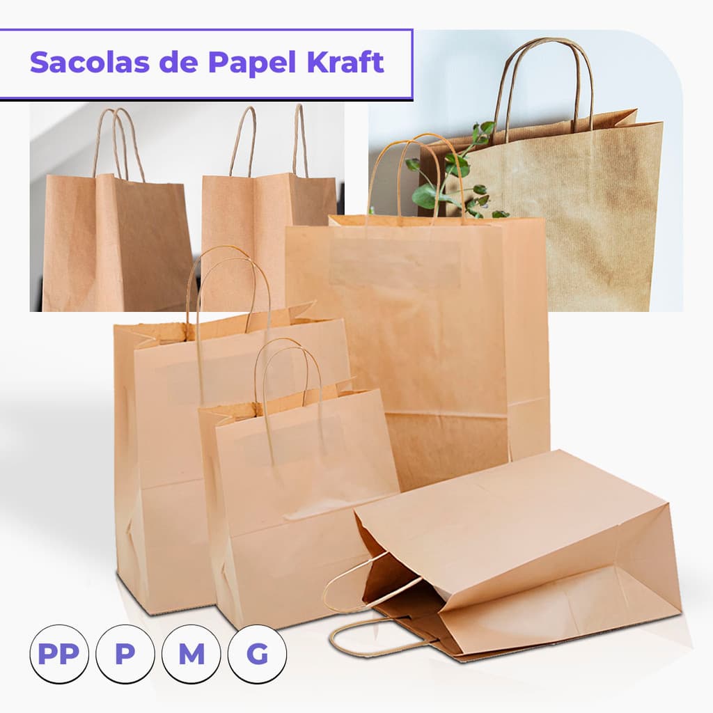 Sacola Kraft PP / P / M / G Embalagem Ecológica Delivery Festa Aniversario Presente Lembrancinha